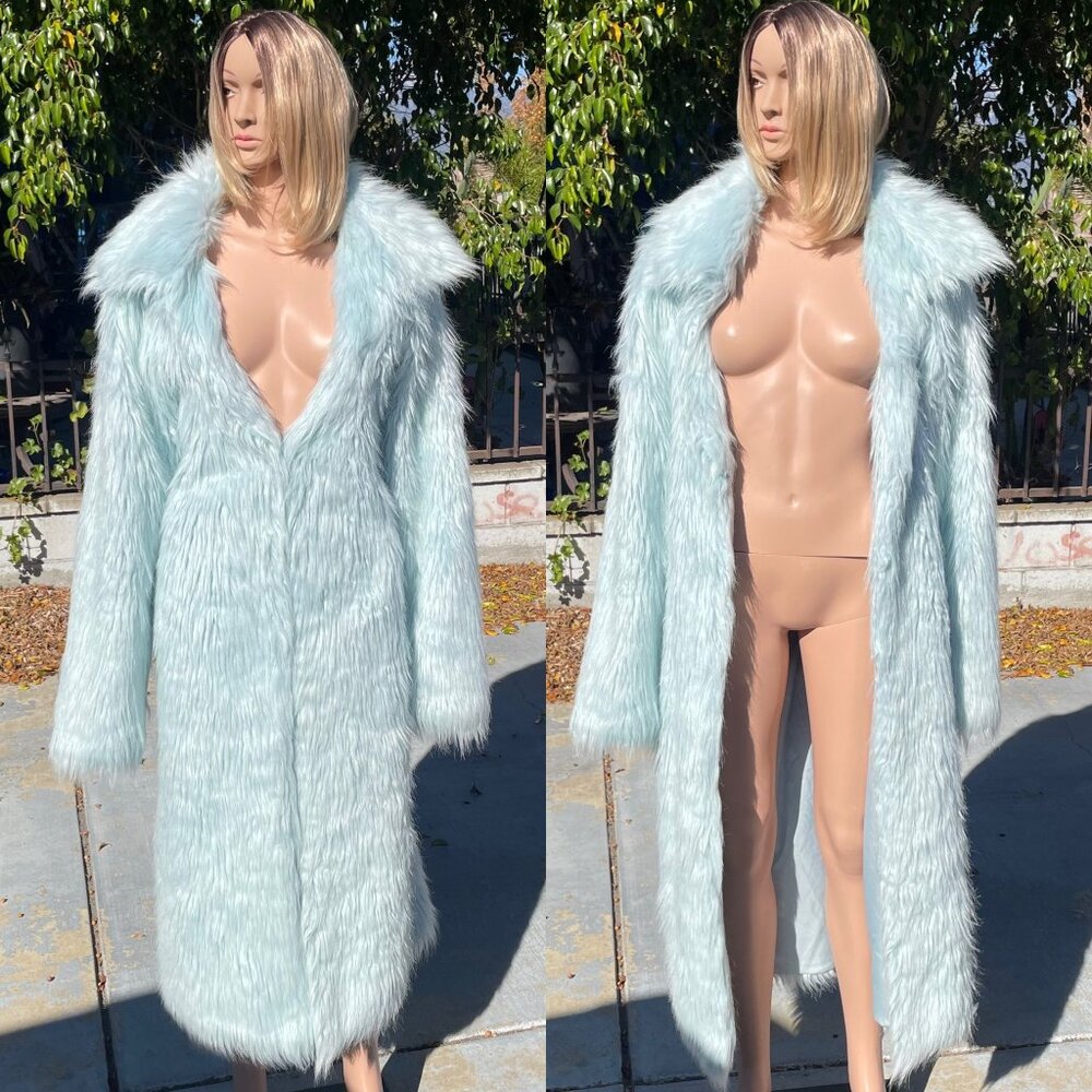 Full Length Tailored Baby Blue Fur Trench Coat Y2K Disco Style